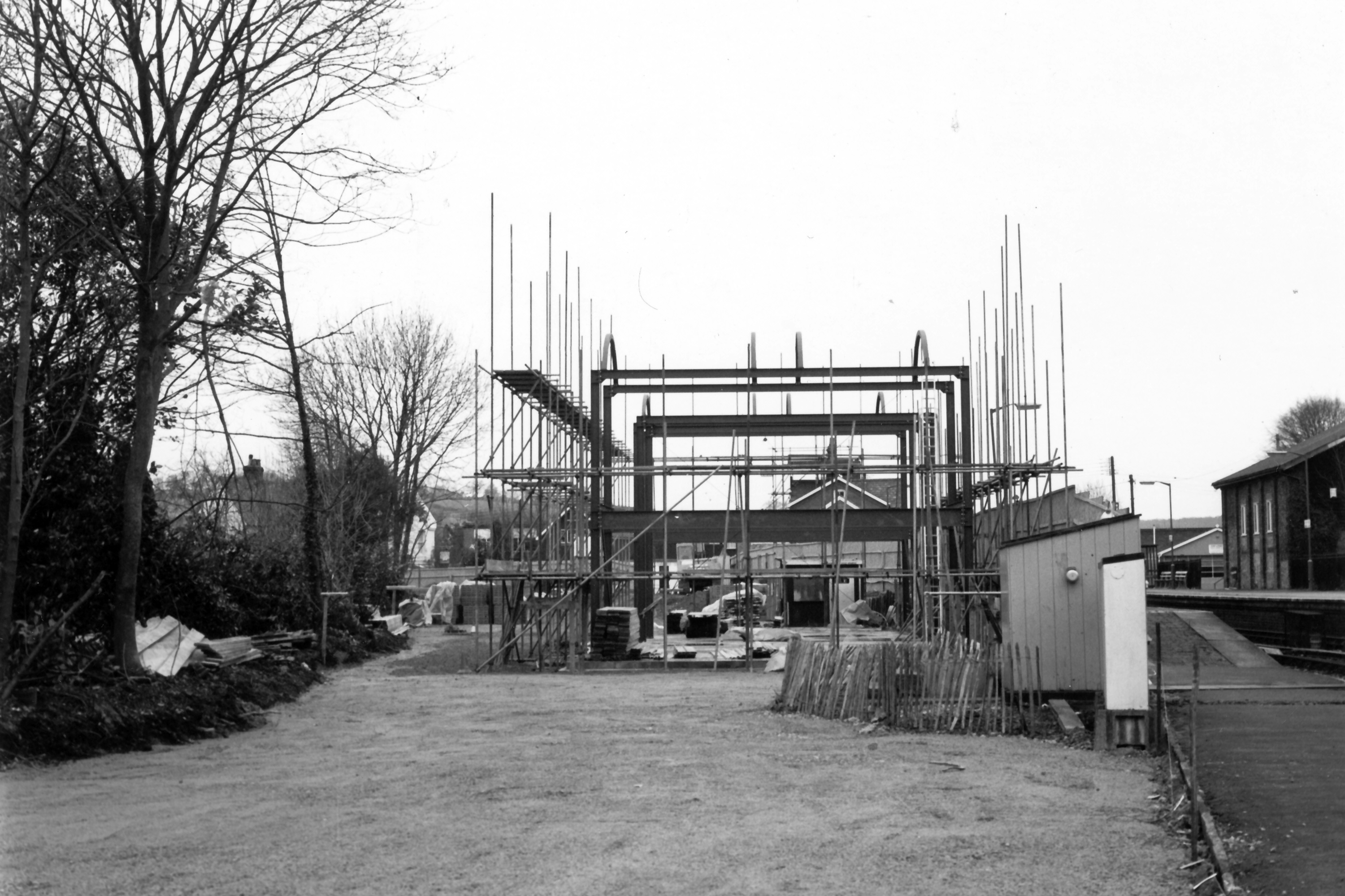 The framework for a new offce building being erected on the site of the Marlow bay at Bourne End. 